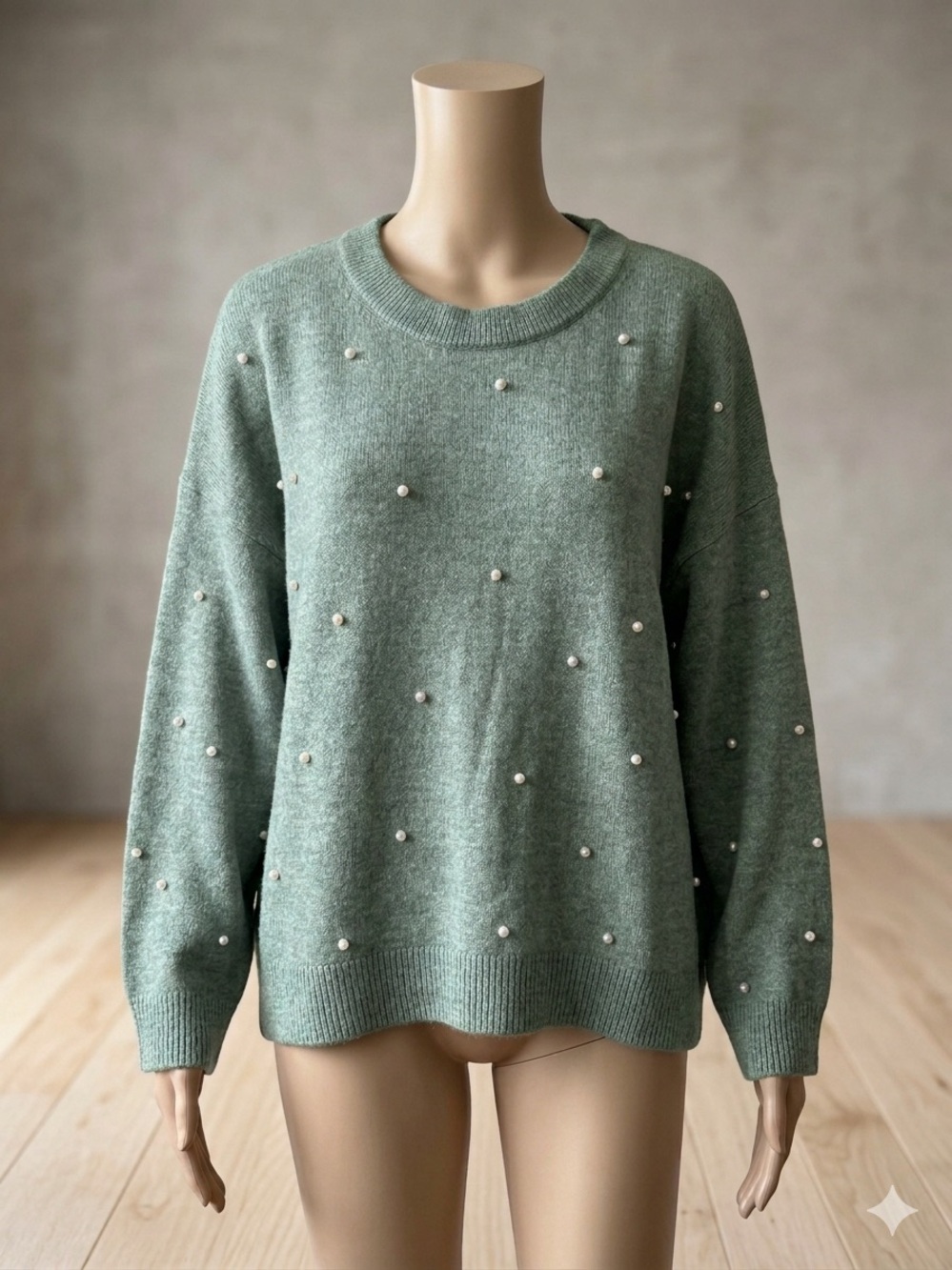 H&M Sage Green Pearl Embellished Crewneck Sweater Knit Pullover Women's XXL 2XL